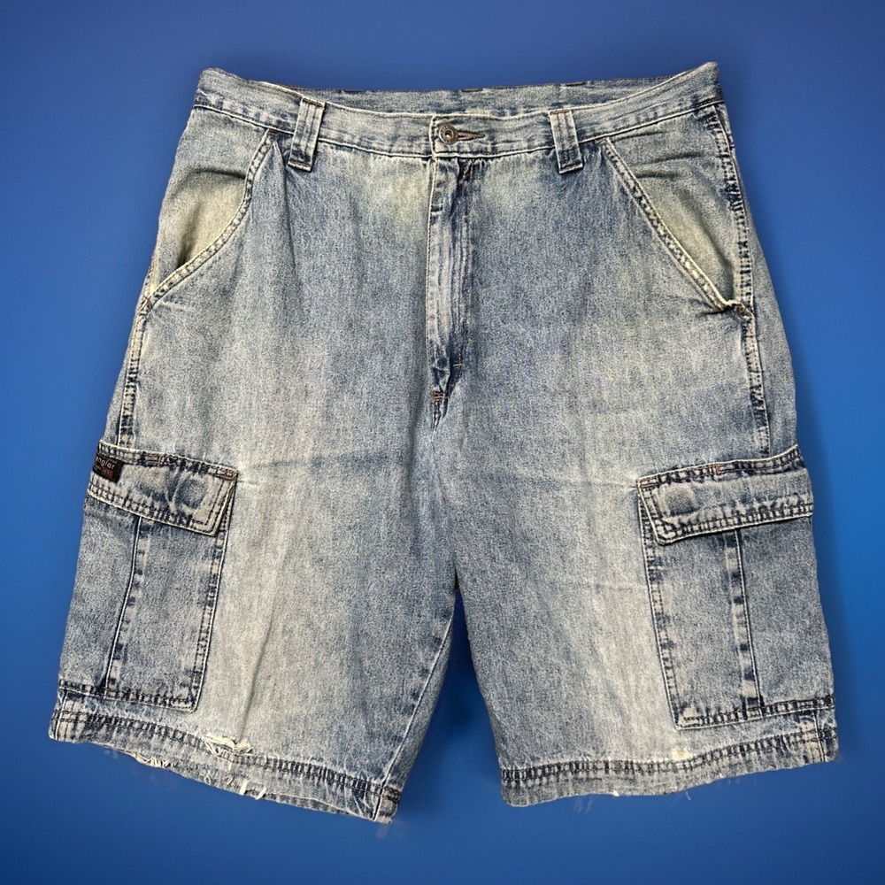 Vintage Y2K Wrangler Cargo Jean Shorts Mens 36 Faded Distressed Grunge Skater